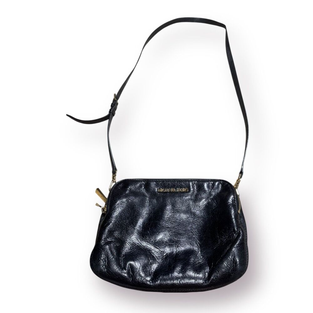 Michael Kors Jet Set Black Leather‎ Crossbody Shoulder Bag Double Zipper